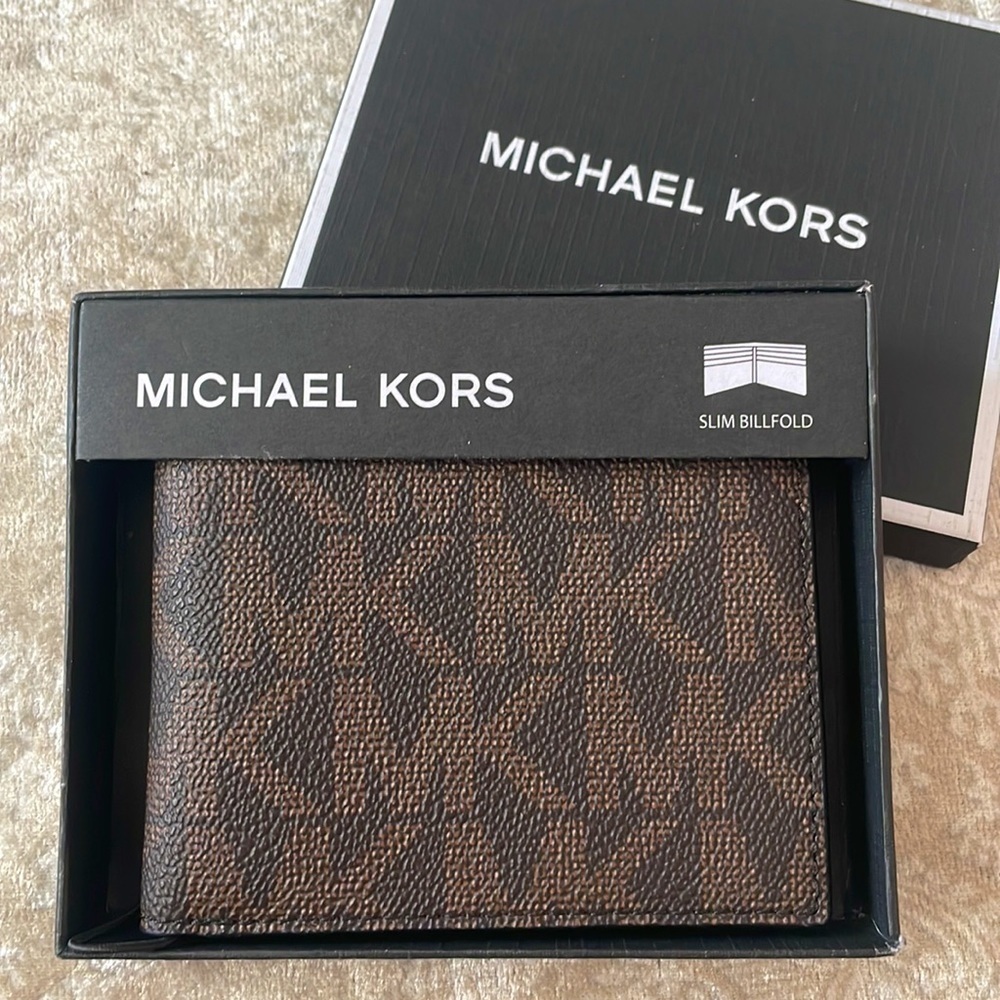 Brand New Michael Kors Jet Set Men’s Slim Billfold Brown & Black Logo Wallet - Picture 1 of 15